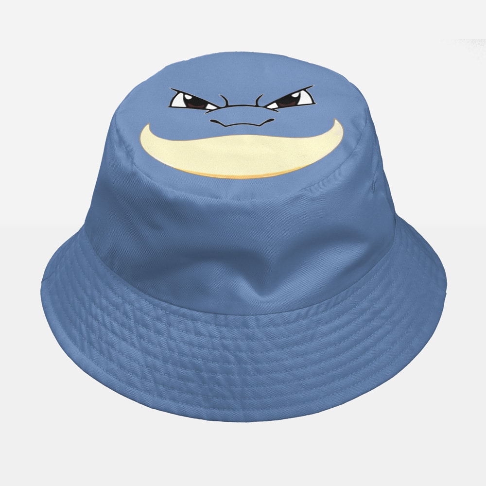 A light blue Bulbasaur x Venusaur Evolution Pokemon custom bucket hat featuring a cartoon face with angry eyes and a wide, mischievous yellow smile on the front.