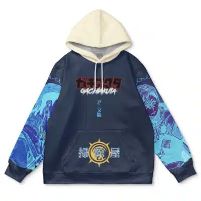 The Riyo Reaper Gachiakuta Streetwear Hoodie features a navy blue and cream design with anime-style graphics, Japanese text, sleeve and front artwork, and bold red and white "GACHI AKUTA" lettering across the chest.