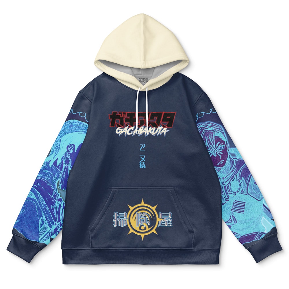 The Riyo Reaper Gachiakuta Streetwear Hoodie features a navy blue and cream design with anime-style graphics, Japanese text, sleeve and front artwork, and bold red and white "GACHI AKUTA" lettering across the chest.