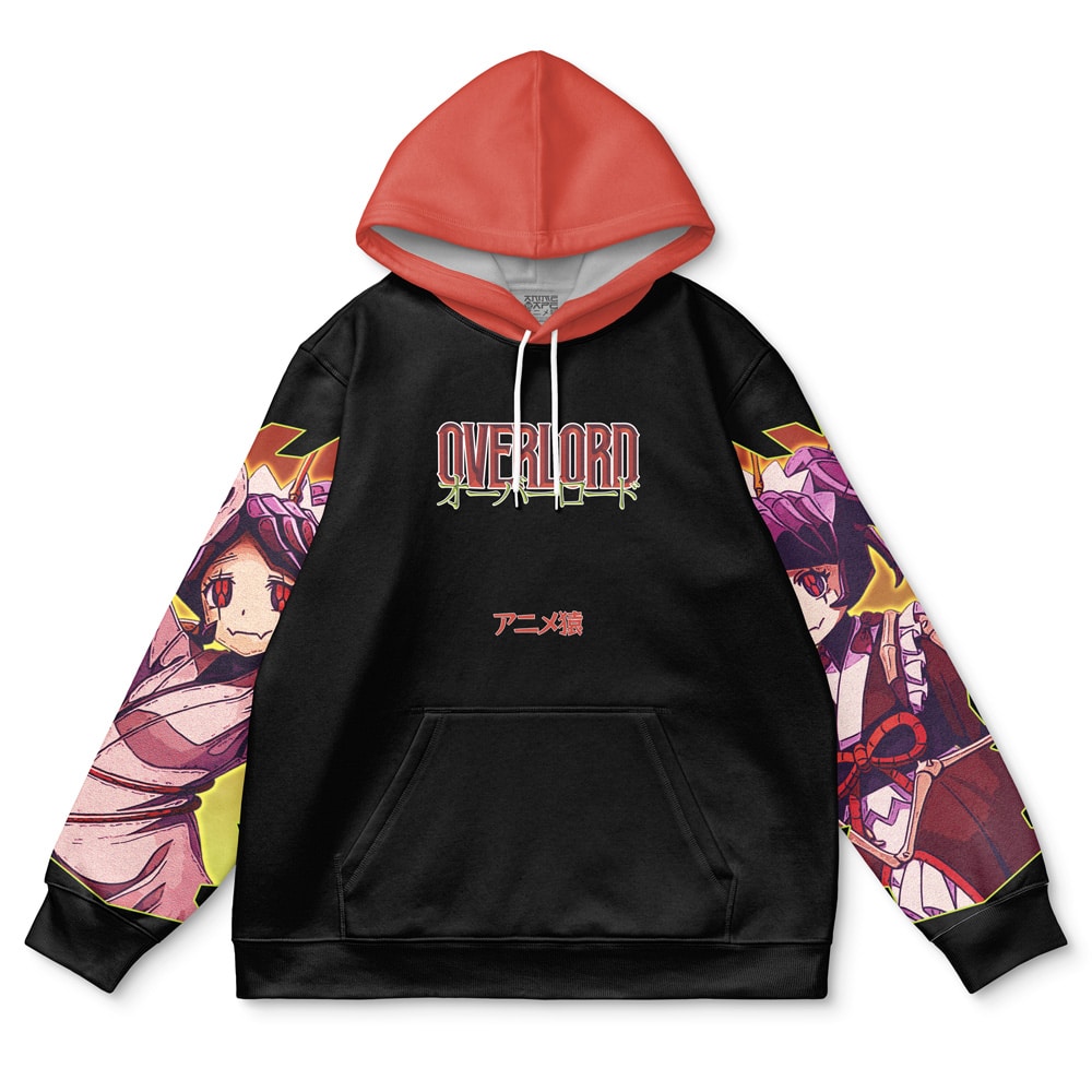 The Yuri Alpha Pleiades Overlord Streetwear Hoodie (Copy) is a black hoodie with a red hood, featuring OVERLORD text, Japanese characters, and vibrant anime-style graphics on the sleeves and front, inspired by bold anime themes.