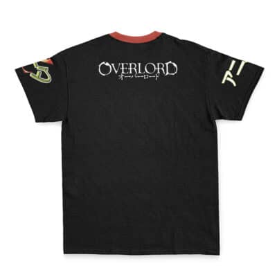 The Yuri Alpha Pleiades Overlord Streetwear T-Shirt features "OVERLORD" and Japanese text on the back, colorful sleeve designs, a striking red collar, and is displayed flat with the back side visible.
