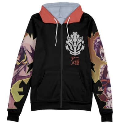 The Yuri Alpha Pleiades Overlord Streetwear Zip Hoodie Jacket is a black zip-up hoodie with red hood lining, anime-style character art on the sleeves, and a bold white emblem with Japanese text on the chest.