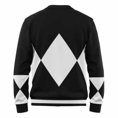 The Black Ranger Mighty Morphin Power Ranger Knitted Cardigan Sweater features large white diamond shapes on the back and smaller white diamonds on the sleeves, shown from the back.