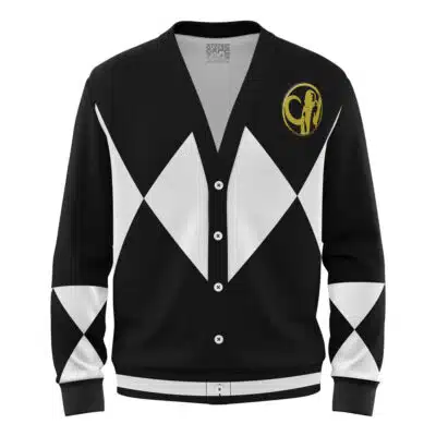 The Black Ranger Mighty Morphin Power Ranger Knitted Cardigan Sweater features white diamond patterns, black cuffs, a gold helmeted figure with a staff emblem on the left chest, and a button-up front.