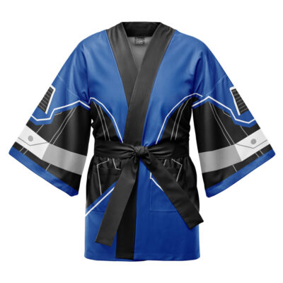 The Millennium Puzzle YuGiOh Happi Coat Haori Kimono is a blue kimono-style robe with black trim, a wide black sash, and geometric white and black patterns on the sleeves and front.