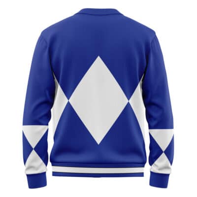 The Blue Ranger Mighty Morphin Power Ranger Knitted Cardigan Sweater features a large white diamond on the back, white triangles on the sides and sleeves, blue cuffs and waistband, and a bold geometric symmetrical design.