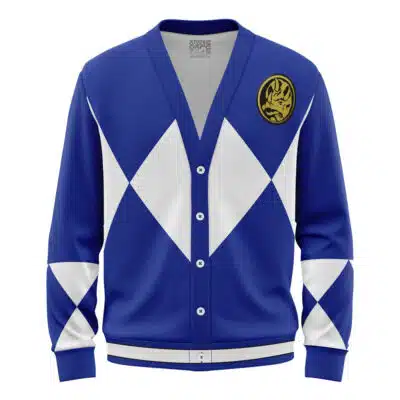 The Blue Ranger Mighty Morphin Power Ranger Knitted Cardigan Sweater is a blue cardigan with white diamond patterns on the chest and sleeves, finished with a gold circular emblem featuring the Blue Ranger’s symbol on the left chest.
