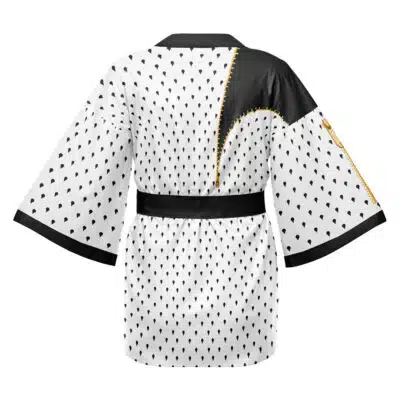 Tanjiro Kamado Demon Slayer Happi Coat Haori Kimono features a white base with small black teardrop pattern, black collar, belt, and sleeve edges, plus a black and gold accent patch on the right shoulder and sleeve.
