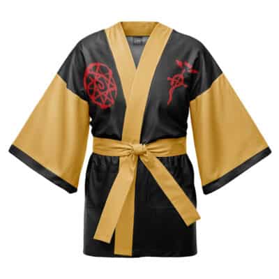 The Company 8 Fire Force Happi Coat Haori Kimono features black and gold colors, wide sleeves, a gold belt, and red alchemy symbols printed on the chest.