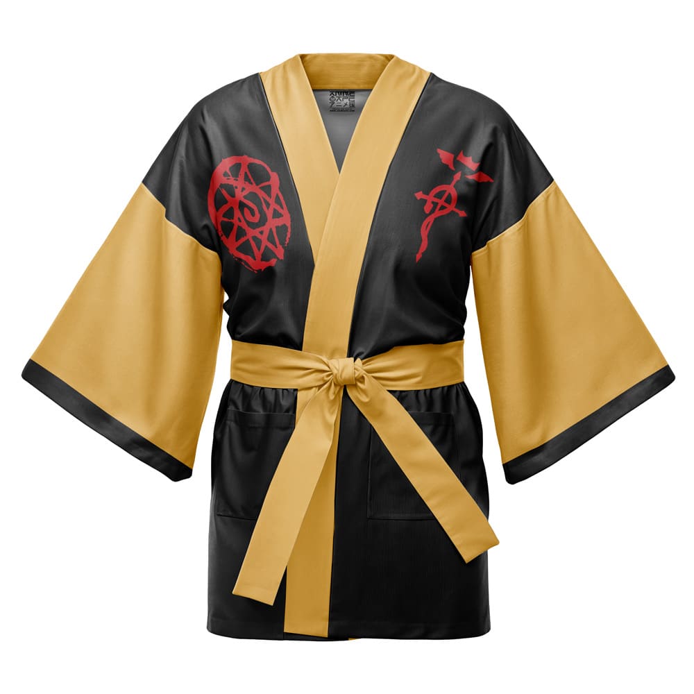 The Company 8 Fire Force Happi Coat Haori Kimono features black and gold colors, wide sleeves, a gold belt, and red alchemy symbols printed on the chest.