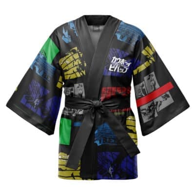 The Football Club Blue Lock Happi Coat Haori Kimono is a black kimono-style robe with colorful blue, green, red, and yellow comic-inspired panels, Japanese text, and a matching black sash.