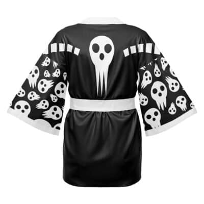 The Yuji Itadori Jujutsu Kaisen Happi Coat Haori Kimono is a black kimono-style robe with white trim, featuring multiple white skull designs, including a large stylized skull on the back and smaller skulls on the sleeves and sides.