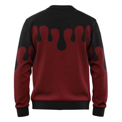 The Default Knitted Cardigan Sweater (Copy) is shown from the back, featuring a black design with striking dark red dripping paint on the back and sleeves, complemented by black collar, cuffs, and waistband.
