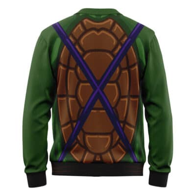 The Donatello Teenage Mutant Ninja Turtles Knitted Cardigan Sweater is green with a printed brown turtle shell and purple straps on the back, plus black cuffs and waistband—perfect for TMNT fans.