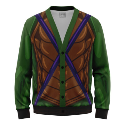 The Donatello Teenage Mutant Ninja Turtles Knitted Cardigan Sweater features green sleeves, a brown shell pattern on the chest, and purple straps across the front for a turtle-inspired look.