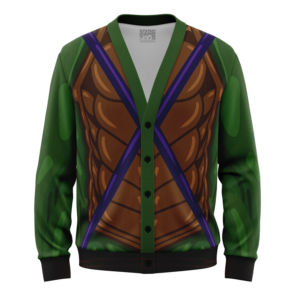 The Donatello Teenage Mutant Ninja Turtles Knitted Cardigan Sweater features green sleeves, a brown shell pattern on the chest, and purple straps across the front for a turtle-inspired look.