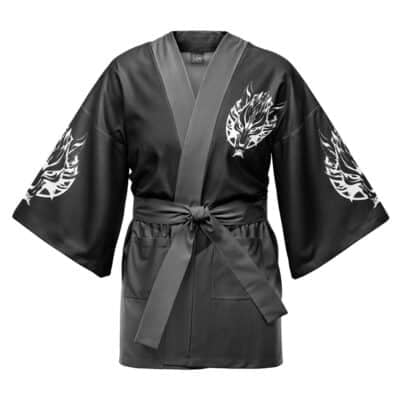 The Vault Dweller 33 Fallout Happi Coat Haori Kimono is black with wide sleeves, a matching belt, and white tribal dragon designs on the chest and sleeves. It features a smooth, shiny finish.