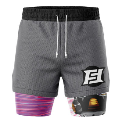 Perfect Cell V2 DBZ 2-in-1 Performance Shorts: Gray shorts with black waistband, white drawstrings, bold "E" logo on left thigh, and a vibrant pink, purple, and dark gray futuristic pattern at the bottom.