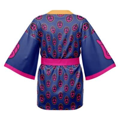 The Giorno Anime Pattern Jojo's Bizarre Adventure Happi Coat Haori Kimono features a blue design with wide sleeves, a repeating pink and yellow circular pattern, a pink sash, and a large pink emblem on the sleeve, shown from the back.