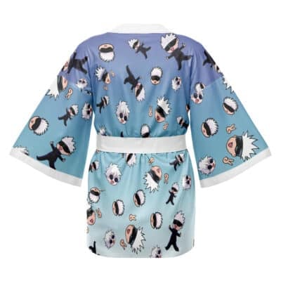The Sesshomaru Inuyasha Happi Coat Haori Kimono features a blue gradient, white trim, belt, and a repeating chibi anime character pattern with spiky white hair and black sunglasses.