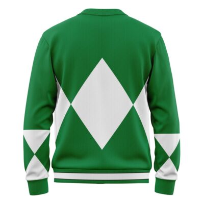 The Green Ranger Mighty Morphin Power Ranger Knitted Cardigan Sweater is green with white diamond shapes on the back and arms, including a large central diamond and smaller diamonds on each sleeve. The collar, cuffs, and waistband are solid green.