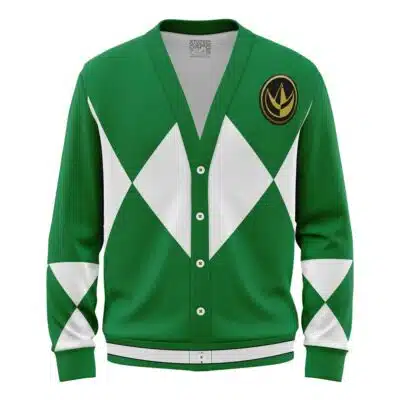 The Green Ranger Mighty Morphin Power Ranger Knitted Cardigan Sweater is a green cardigan with white diamond patterns on the chest and sleeves, featuring a gold crown emblem on the left side.