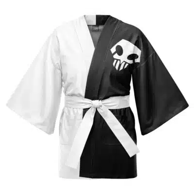 The Gin Ichimaru Bleach Happi Coat Haori Kimono features a half-white, half-black design with a white belt and a stylized skull on the black chest side.