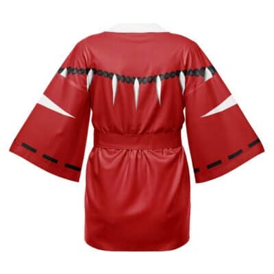 The Alucard Curse Hellsing Happi Coat Haori Kimono features a red kimono-style design with wide sleeves, black and white bead patterns on the shoulders, and geometric motifs on the sleeves and upper back.