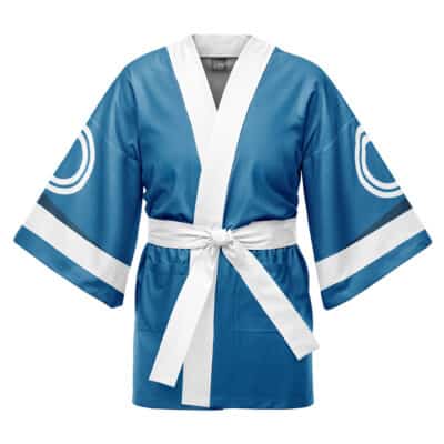 The Xemnas Kingdom Hearts Happi Coat Haori Kimono is a blue kimono-style robe with wide white trim, a matching waist belt, and white circular and stripe patterns on the sleeves.