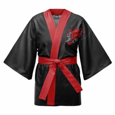 The Transmutation Circle Full Metal Alchemist Happi Coat Haori Kimono is a black kimono-style robe with wide sleeves, a red collar and belt, plus a chest graphic featuring a character with red flames and blue accents.