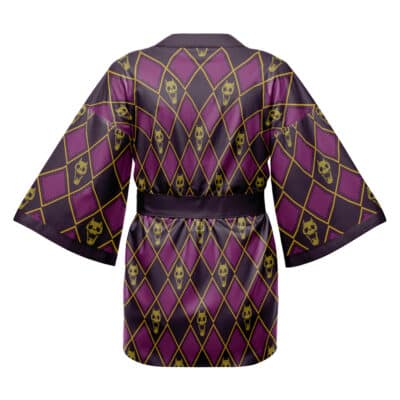 The Mista Guido Jojo's Bizarre Adventure Happi Coat Haori Kimono features wide sleeves, a matching belt, and a purple and black diamond pattern outlined in gold, with gold skull motifs inside each diamond. Seen from the back.
