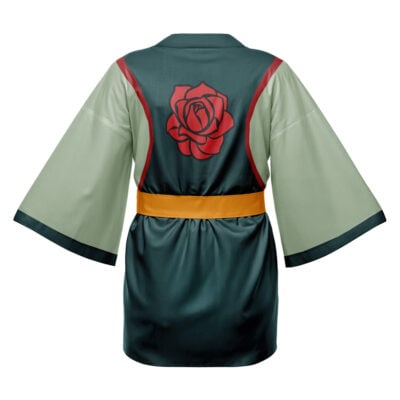 The Tokyo Manji Gang Tokyo Revengers Happi Coat Haori Kimono (Copy) is a short kimono-style robe with wide sleeves, a large red rose design on the back, dark and light green panels, and a yellow sash at the waist.