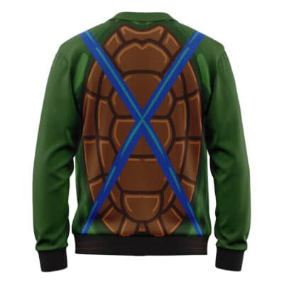 The Leonardo Teenage Mutant Ninja Turtles Knitted Cardigan Sweater is a green sweater with a large brown turtle shell and two blue diagonal straps on the back, just like Leonardo’s iconic TMNT look.