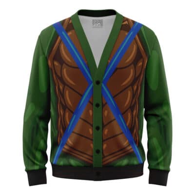 The Leonardo Teenage Mutant Ninja Turtles Knitted Cardigan Sweater features a printed pattern resembling a muscular, armored chest with green shoulders and blue diagonal straps for a fun superhero costume look.