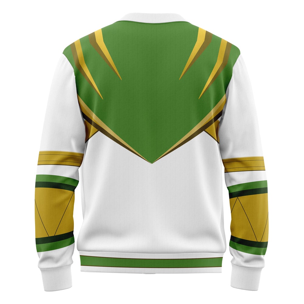 The Lord Drakkon Mighty Morphin Power Ranger Knitted Cardigan Sweater features white fabric with sharp green and gold geometric V-shaped designs across the back, shoulders, and sleeves, inspired by a superhero costume.