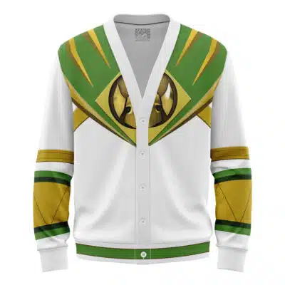 The Lord Drakkon Mighty Morphin Power Ranger Knitted Cardigan Sweater is a white cardigan with green and gold superhero-inspired angular patterns and a stylized central emblem, evoking the iconic costume design.