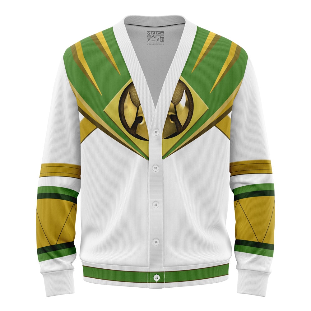 The Lord Drakkon Mighty Morphin Power Ranger Knitted Cardigan Sweater is a white cardigan with green and gold superhero-inspired angular patterns and a stylized central emblem, evoking the iconic costume design.