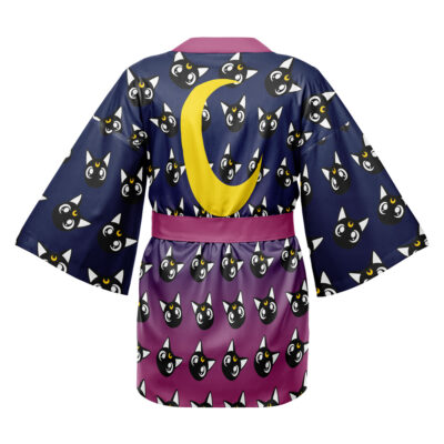 The Natsuki Subaru Re Zero Happi Coat Haori Kimono features a dark blue to purple gradient, black cat face pattern, a large yellow crescent moon on the back, wide sleeves, and a pink waist sash.