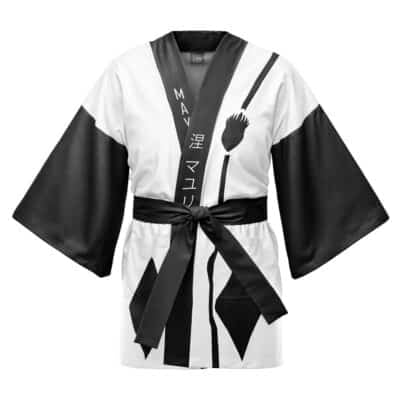 The Kenpachi Zaraki Bleach Happi Coat Haori Kimono features a black and white kimono-style design with wide sleeves, a black sash, vertical Japanese text, and abstract black patterns on the front.