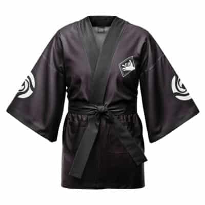 The Satoru Gojo Jujutsu Kaisen Happi Coat Haori Kimono (Copy) is a black, shiny kimono with wide sleeves, white symbols on the sleeves, a white emblem on the left chest, and comes with a waist belt.