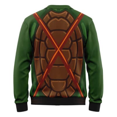The Michaelangelo Teenage Mutant Ninja Turtles Knitted Cardigan Sweater is a green cardigan featuring a printed brown turtle shell and two red diagonal straps on the back, inspired by the iconic TMNT costume.