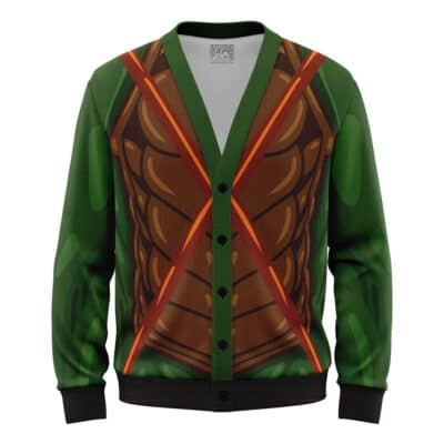 The Michaelangelo Teenage Mutant Ninja Turtles Knitted Cardigan Sweater features a printed design with a muscular chest, green arms, and crossed red straps, emulating the iconic action hero’s costume.