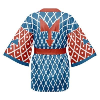 The Menacing Aura Jojo's Bizarre Adventure Happi Coat Haori Kimono features blue and white diamond patterns, red accents on the sleeves and collar, plus a bold red arrow and stylized "M" design on the back.