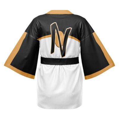 The Godzilla King of the Monsters Happi Coat Haori Kimono features wide sleeves in black, white, and gold, with a large stylized N and gold circle on the back, plus a black waist belt.