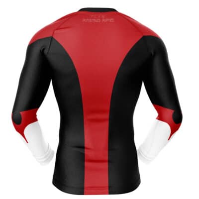 The Default Long Sleeve Rash Guard Compression Shirt (Copy) features black, red, and white panels with white accents on the lower sleeves and Japanese text near the collar, shown from the back.