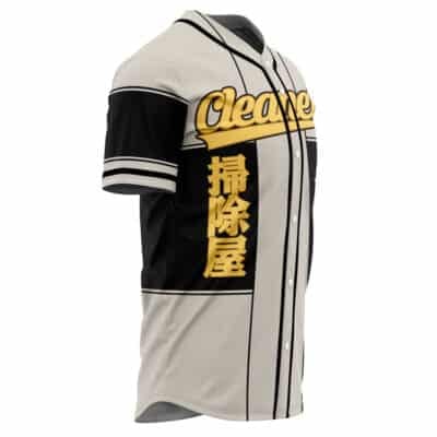 The Personalized Hashira Shinobu Kocho Demon Slayer Baseball Jersey features a white and black design with "Cleaners" in yellow script and bold yellow Japanese kanji below, displayed on a white background.