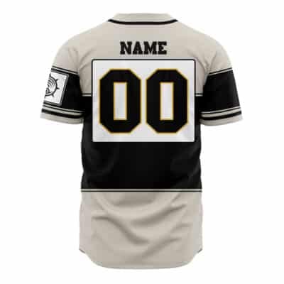 A personalized Hashira Shinobu Kocho Demon Slayer baseball jersey in beige and black with white sleeve stripes, a left-arm patch, and customizable "NAME" above the number 00 in bold black with a gold outline on the back.