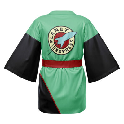 The Cobra Kai Happi Coat Haori Kimono (Copy) is a green and black kimono-style robe with wide sleeves, a red waist belt, and a large Planet Express rocket ship logo on the back.