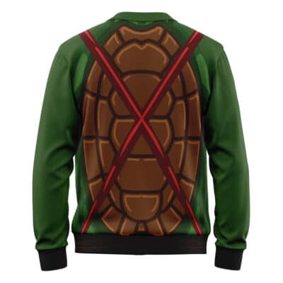 The Raphael Teenage Mutant Ninja Turtles Knitted Cardigan Sweater features a green design with a turtle shell print on the back and two crossed red straps, inspired by Raphael's classic TMNT outfit.