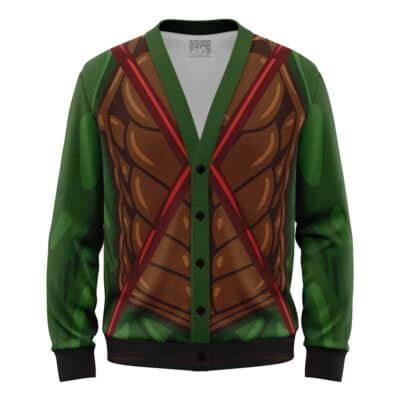 The Raphael Teenage Mutant Ninja Turtles Knitted Cardigan Sweater is green with a printed muscular chest, brown armor accents, and two red diagonal straps for a superhero costume look.